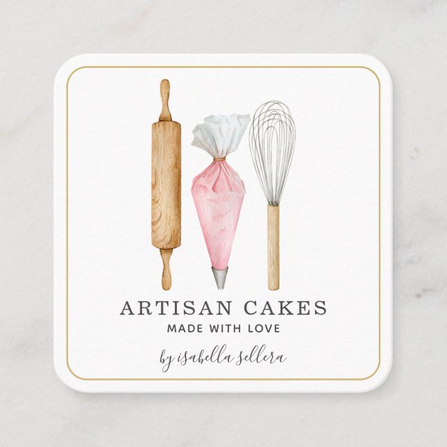 Tarjeta De Visita Cuadrada Panadería Pastelería Chef Acuarela Hormigón Busi (Anverso)