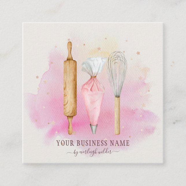 Tarjeta De Visita Cuadrada Panadería Pastelería Chef Baker Utensiers Rosa (Anverso)