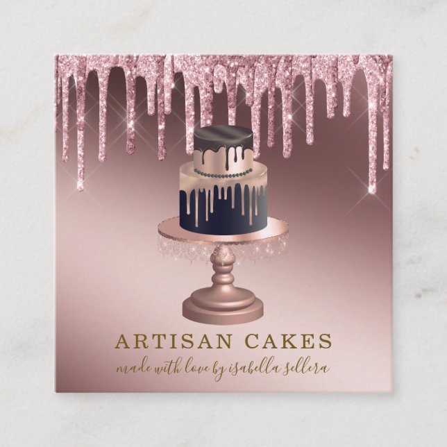 Tarjeta De Visita Cuadrada Panadería pastelería Chef Rosa Purpurina Oro Dris  (Anverso)