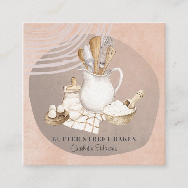 Tarjeta De Visita Cuadrada Panadería Pastelería Chef Utensients Square Bu (Anverso)
