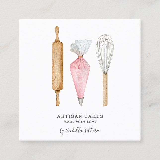 Tarjeta De Visita Cuadrada Panadería Pastelería Chef Watercolour Bakers Tools (Anverso)