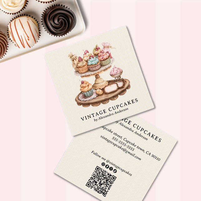 Tarjeta De Visita Cuadrada Panadería retro de tortas de cosecha antigua (Vintage Cupcake Retro Bakery Square Business Card)