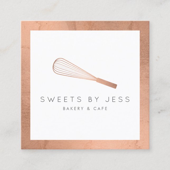 Tarjeta De Visita Cuadrada Panadería Rosa Gold Whisk (Anverso)