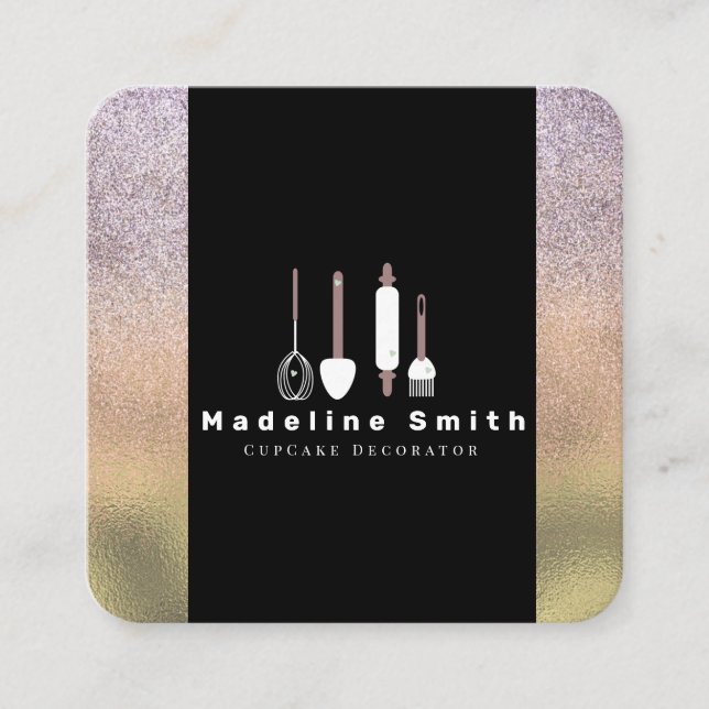 Tarjeta De Visita Cuadrada Panadería Utensils Baker Pin Spatula Gold Sparkle (Anverso)