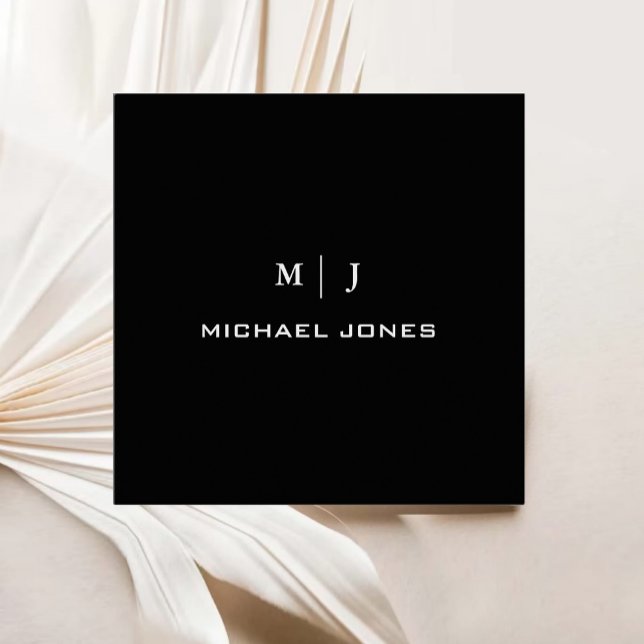 Tarjeta De Visita Cuadrada Papel negro con nombre de monograma simple moderno (Modern Simple Monogram Name Black Paper Square Business Card)
