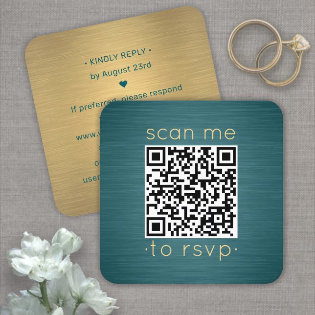 Tarjeta De Visita Cuadrada Paquete de 100 Envase QR RSVP Verde azulado y Boda (Subido por el creador)