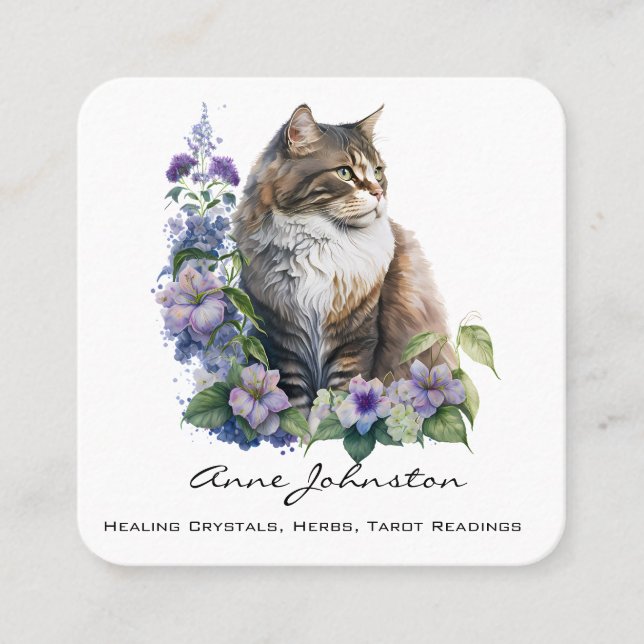 Tarjeta de visita cuadrada para gatos y flores (Anverso)