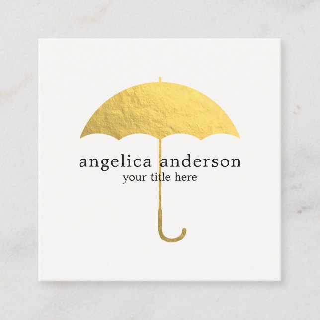 Tarjeta De Visita Cuadrada Paraguas de Relieve metalizado dorado falso (Anverso)