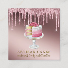 Tarjeta De Visita Cuadrada Pastas de pastelería Chef Rosa Purpurina de oro