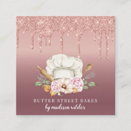Tarjeta De Visita Cuadrada Pastas de pastelería Chef Rosa Purpurina de oro