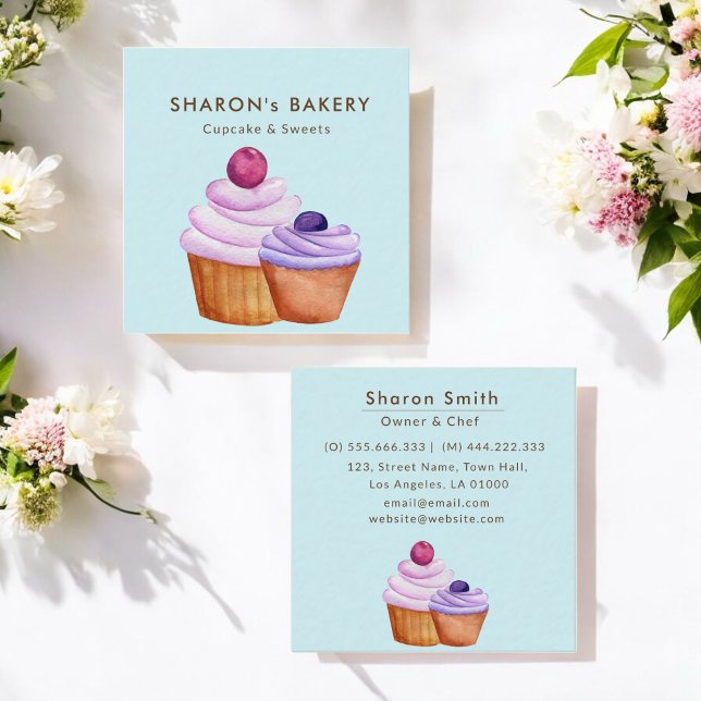 Tarjeta De Visita Cuadrada Pastel azul de la Copa Baker Pink Purple (Subido por el creador)