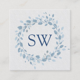 Tarjeta De Visita Cuadrada Pastel Blue Leaves Planner de Boda Monograma Flora