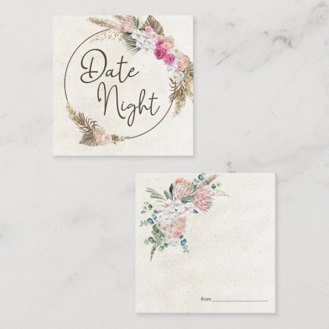 Tarjeta De Visita Cuadrada Pastel Boho Neutral Floral Date Night Card (Anverso / Reverso)