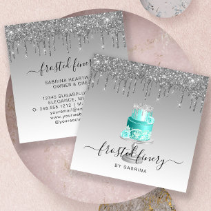 Tarjeta De Visita Cuadrada Pastel de Boda Brillo Goteo Plata Turquesa Panader