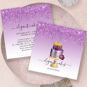 Tarjeta De Visita Cuadrada Pastel de Boda con Drip de Purpurina Morado Panade