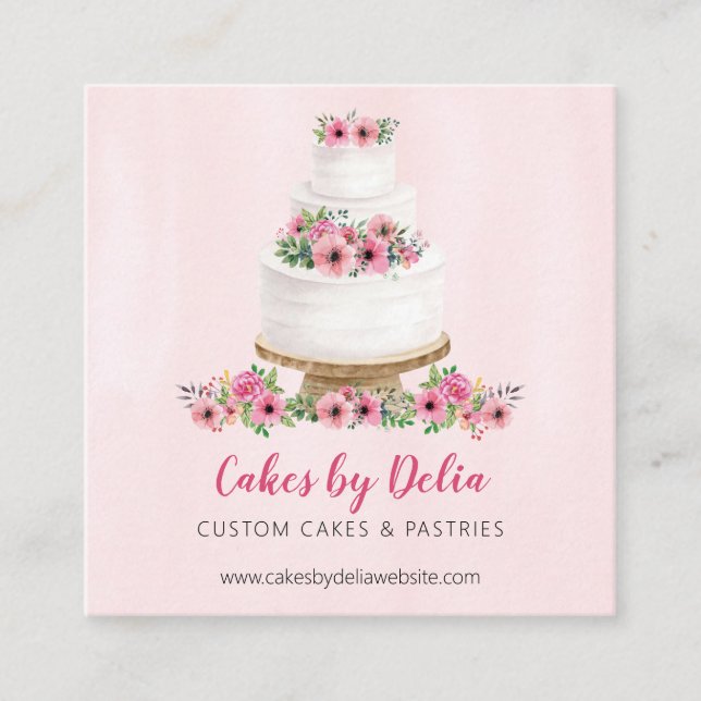 Tarjeta De Visita Cuadrada Pastel de Boda de acuarela rosa (Anverso)