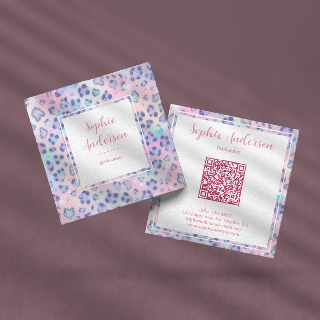 Tarjeta De Visita Cuadrada Pastel Glitter Leopard Print with Qr Code (Subido por el creador)