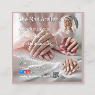 Tarjeta De Visita Cuadrada Pastel Nail Salon Elegant Hands Pink Manicure Text