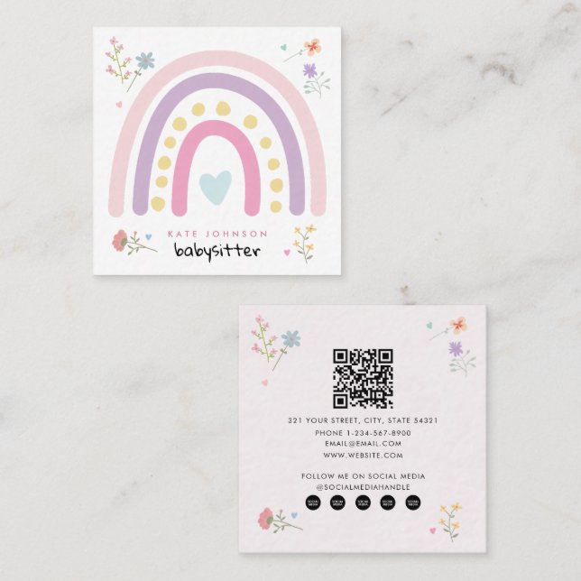 Tarjeta De Visita Cuadrada Pastel Rainbows Girly Wildflowers Babysitter (Anverso / Reverso)