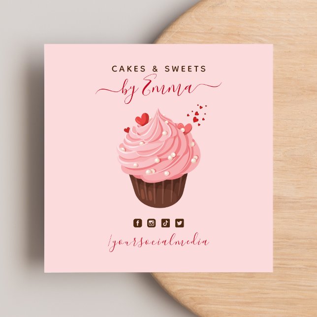 Tarjeta De Visita Cuadrada Pastel rosa dulce de pastel moderno para panadería (Subido por el creador)