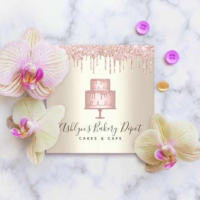 Tarjeta De Visita Cuadrada Pastel rosa Panadería Purpurina de oro gotea postr (Subido por el creador)
