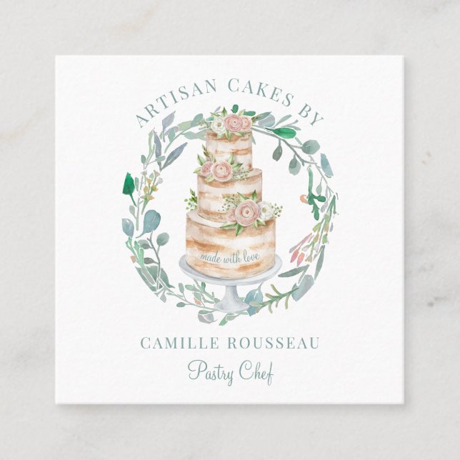 Tarjeta De Visita Cuadrada Pastelería Chef Baker Elegant Cake (Anverso)