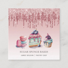 Tarjeta De Visita Cuadrada Pastelería Chef Baker Rosa Purpurina de Oro