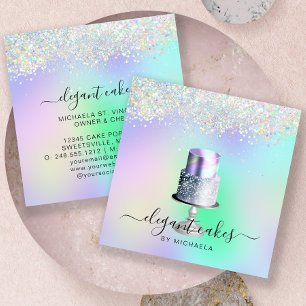 Tarjeta De Visita Cuadrada Pastelería de Glitter Holográfico Torta de Boda