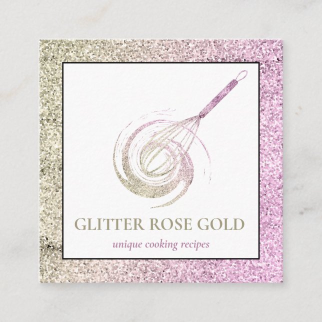 Tarjeta De Visita Cuadrada Pastelería de Purpurina Rosa Gold Sparkle Whisk (Anverso)
