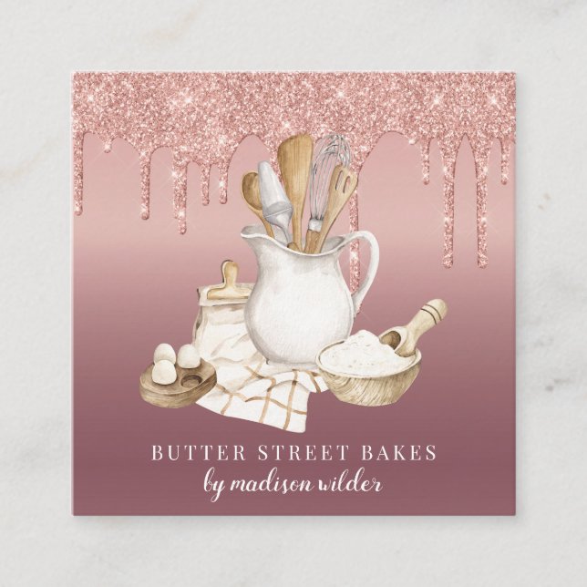 Tarjeta De Visita Cuadrada Pastelería pastelería Purpurina Dris Rosa Gold (Anverso)