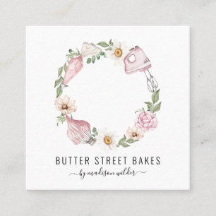 Tarjeta De Visita Cuadrada Pastelero Chef Repostería Acuarela Utensilios Flor