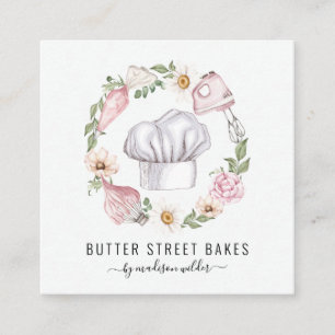 Tarjeta De Visita Cuadrada Pastelero Panadero Acuarela Utensilios Floral