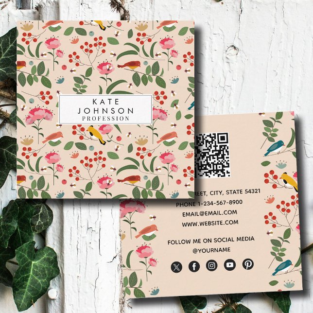 Tarjeta De Visita Cuadrada Patrón de abejas florales dibujadas a mano (Hand Drawn Floral Birds Bees Pattern Square Business Card)