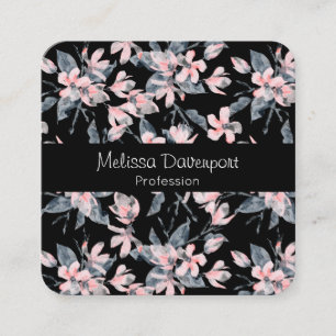 Tarjeta De Visita Cuadrada Patrón de acuarela floral rosa y gris
