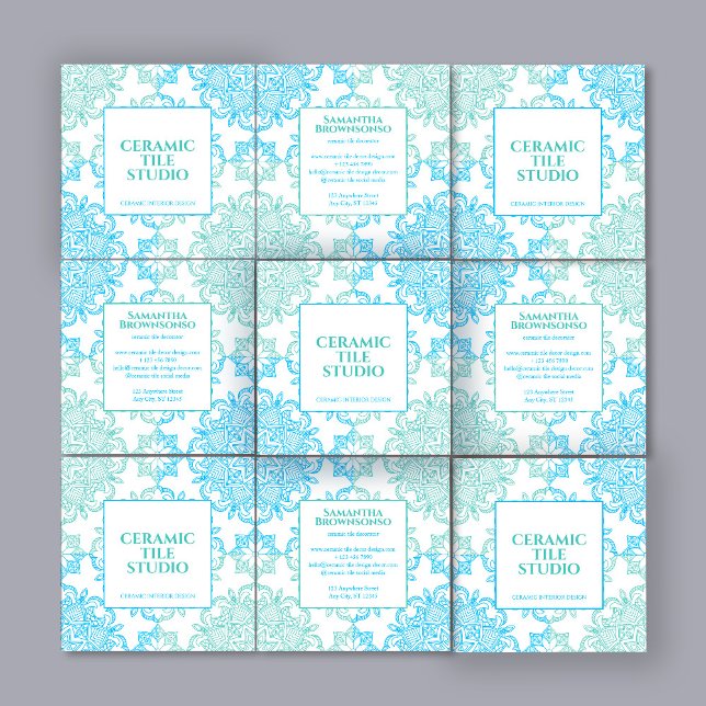Tarjeta De Visita Cuadrada Patrón de ajuste de mosaico sin foco verde azul (Blue Green Seamless Mosaic Stitch Pattern Square Business Card)