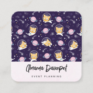 Tarjeta De Visita Cuadrada Patrón de astronautas de gatos gatitos