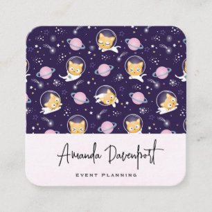 Tarjeta De Visita Cuadrada Patrón de astronautas de gatos gatitos