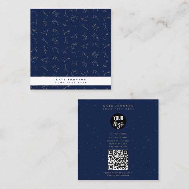 Tarjeta De Visita Cuadrada Patrón de constelaciones de Zodiaco Azul de Oro y  (Anverso / Reverso)