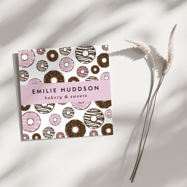 Tarjeta De Visita Cuadrada Patrón De Donuts Rosados, Tienda De Pasteles, Tien (Subido por el creador)