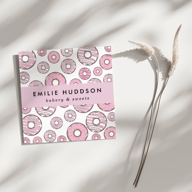 Tarjeta De Visita Cuadrada Patrón De Donuts Rosados, Tienda De Pasteles, Tien (Subido por el creador)