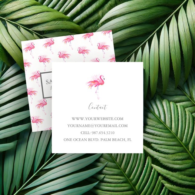 Tarjeta De Visita Cuadrada Patrón de flamenco rosado tropical (Tropical pink flamingo business cards watercolor art by Victoria Grigaliunas of Do Tell A Belle)