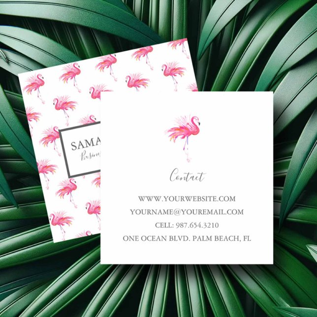 Tarjeta De Visita Cuadrada Patrón de flamenco rosado tropical (tropical girly business cards feature watercolor pink flamingo art by Victoria Grigaliunas)
