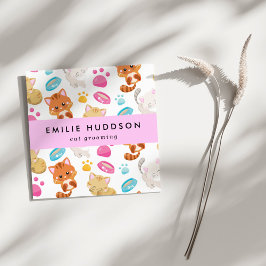 Tarjeta De Visita Cuadrada Patrón De Gatos, Tienda De Mascotas, Sitter De Gat