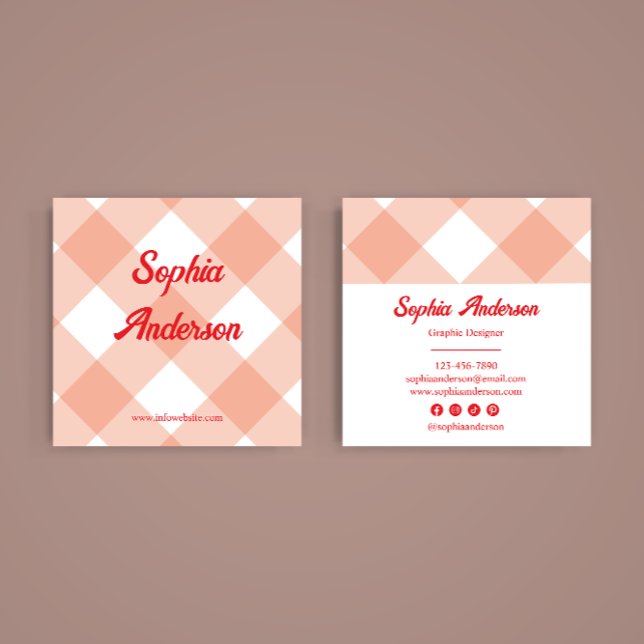 Tarjeta De Visita Cuadrada Patrón de Gingham Retro Peach (Subido por el creador)
