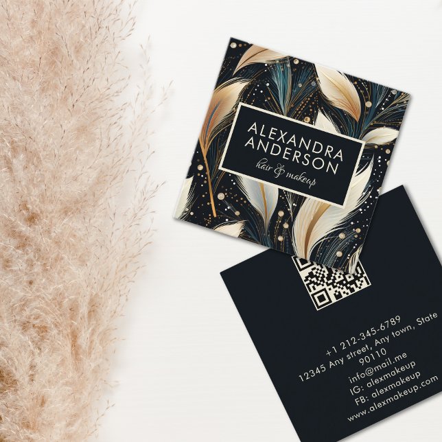 Tarjeta De Visita Cuadrada Patrón de gramíneas Pampas de lujo negro (Luxury Pampas Grass Pattern Black Square Business Card)