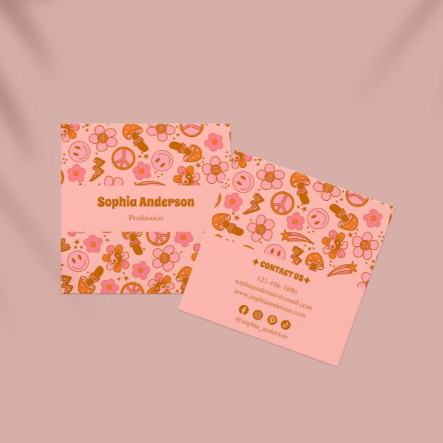 Tarjeta De Visita Cuadrada Patrón de Groovy Retro Rosa Negrita (Subido por el creador)
