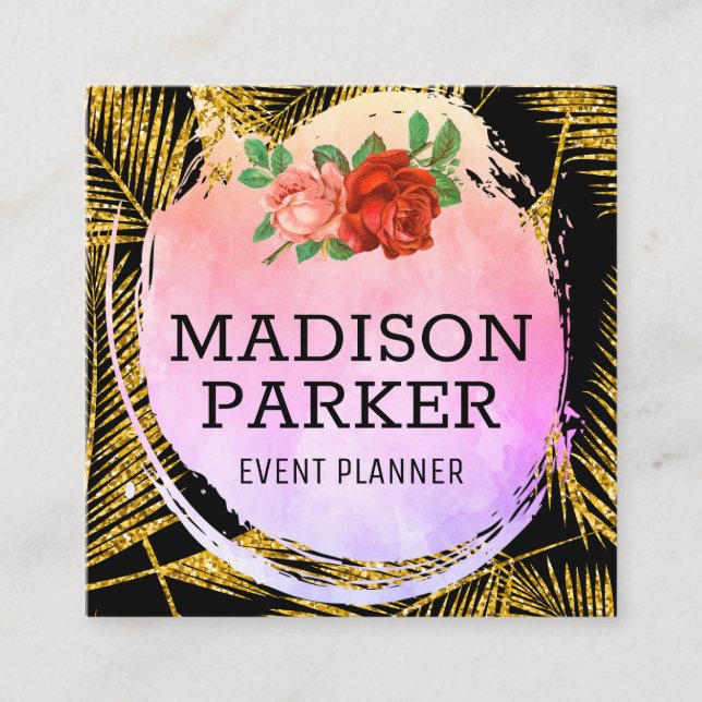 Tarjeta De Visita Cuadrada Patrón de hojas de palma cepilladas de oro (Anverso)