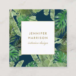 Tarjeta De Visita Cuadrada Patrón de hojas tropicales de color agua sobre azu