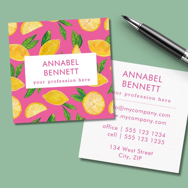 Tarjeta De Visita Cuadrada Patrón de limón cítrico colorido (Citrus lemon pink professional square business cards.)