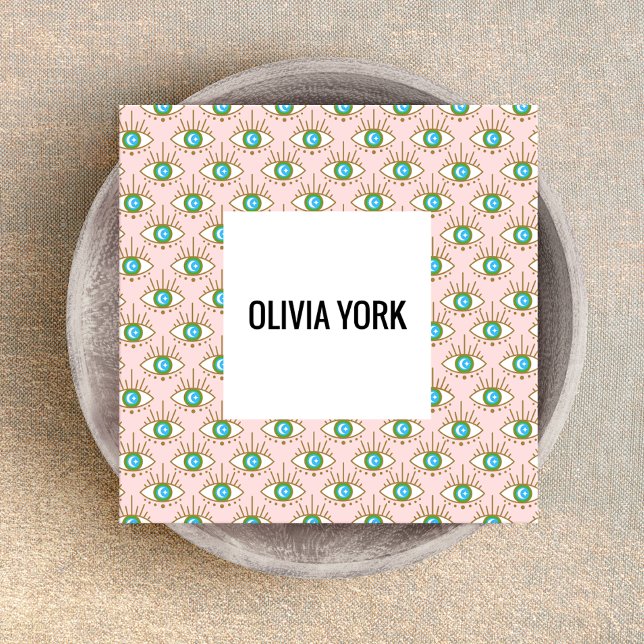 Tarjeta De Visita Cuadrada Patrón de Ojo Tercer Rosa De Tendencia Trendy (Square business card of third eye with moon and star  pattern - pink, green and blue colors)